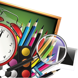 איור המרכז יחדיו כלי כתיבה צבעוניים, זכוכית מגדלת, שעון, לוח ועוד